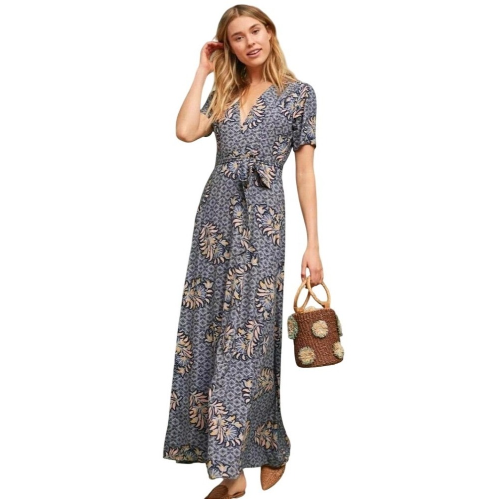 The Odells Anthropologie Zinaida Maxi Wrap Dress Floral Geometric Short Sleeve S
